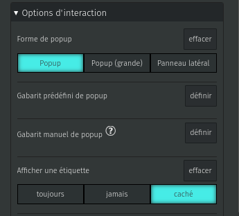 Capture d’écran des options d’interactions.